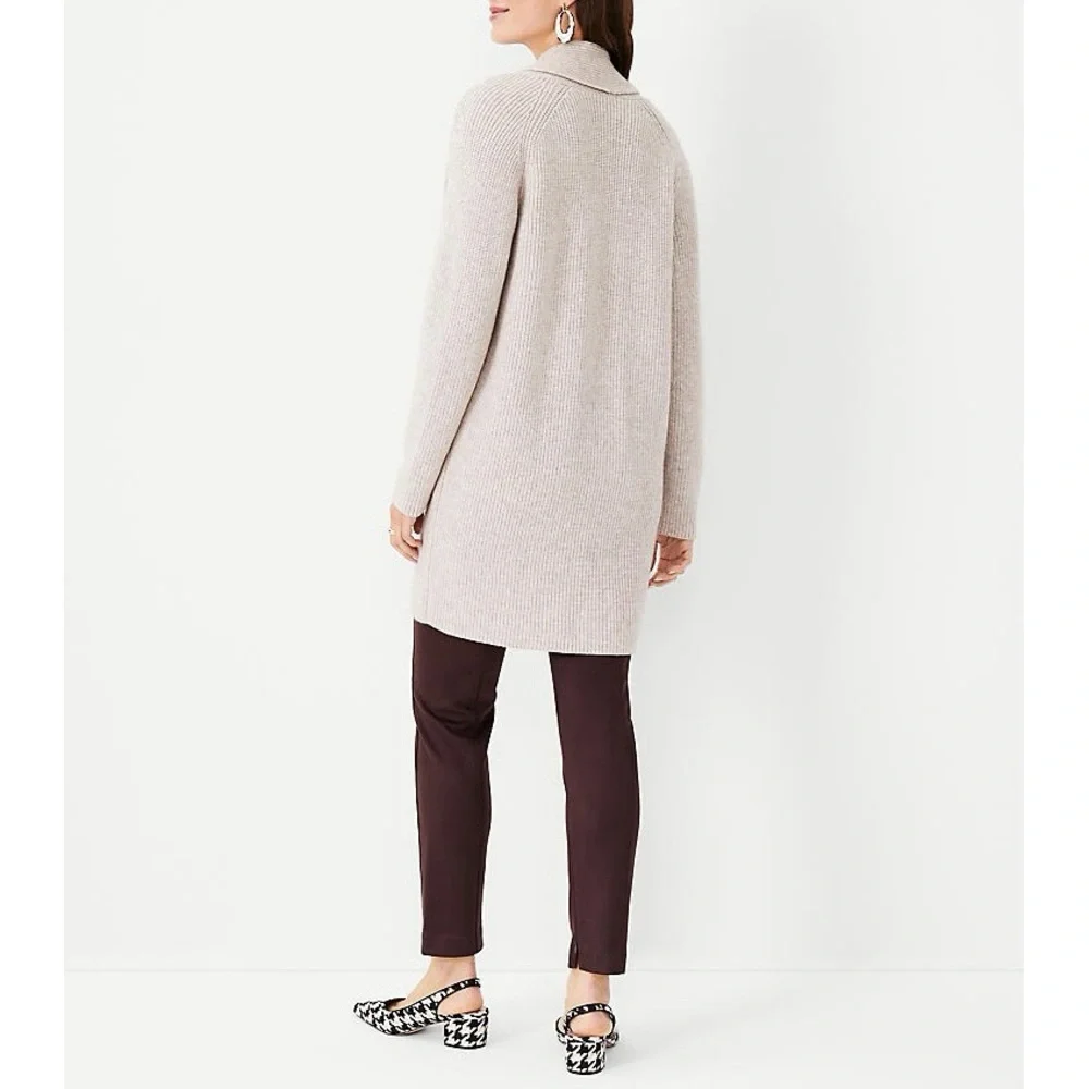Ann Taylor | Shawl Collar Coatigan Open Front Oatmeal Knit Relaxed Cardigan - Picture 2 of 15